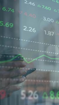 Animation of trading board, woman wearing hijab holding coffee and scrolling on cellphone