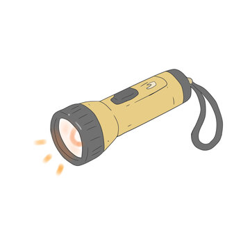 Cute flashlight illustration with glowing light beam and carrying strap