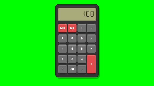 Flat vector pocket calculator matching the reference on solid chroma green background: dark charcoal rounded body with drop shadow, big olive green LCD with darker olive border showing right aligned s