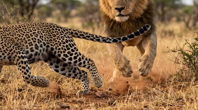 Powerful Male Lion Pursuing A Fast Running Wild Leopard