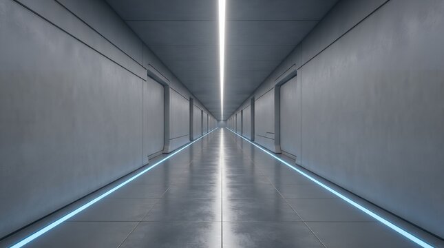 Futuristic long corridor with glowing neon light, modern architectural tunnel, abstract sci-fi interior, minimalist design for technology and innovation concepts