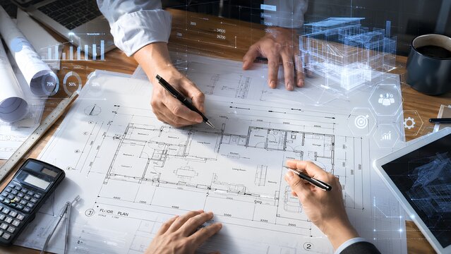 Architect Reviewing Floor Plan Blueprint with Digital Building Technology and BIM Design
