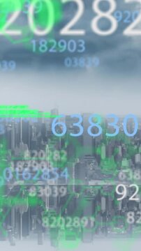 Animation of shapes and numbers over cityscape and data processing