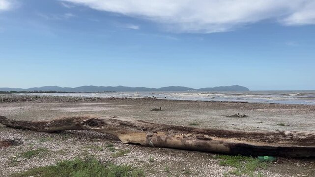 Polluted rocky beach with driftwood log and ocean waves