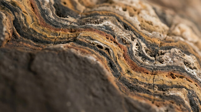 A close-up of layered sedimentary rock reveals intricate mineral striations and natural erosion patterns.