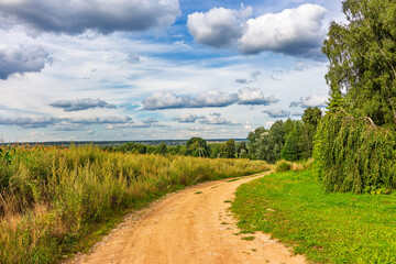 Obraz premium Dirt road winding through lush green grass and golden fields under a picturesque cloudy sky with towering trees creating a peaceful rural vibe for a summer countryside escape