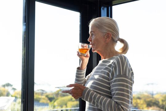 Senior woman standing by sunroom window wearing striped top holding glass teacup and saucer gazing