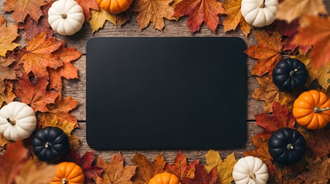 Blank chalkboard surrounded by colorful autumn leaves and small decorative pumpkins on a rustic wooden background