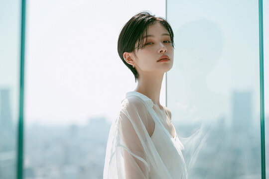 透明感のあるショートカットの女性。