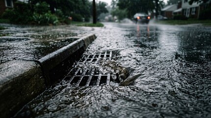 Obraz premium Torrential rain pouring into a deep concrete street drain, surging water overflowing an iron grate, wet suburban road in an intense storm