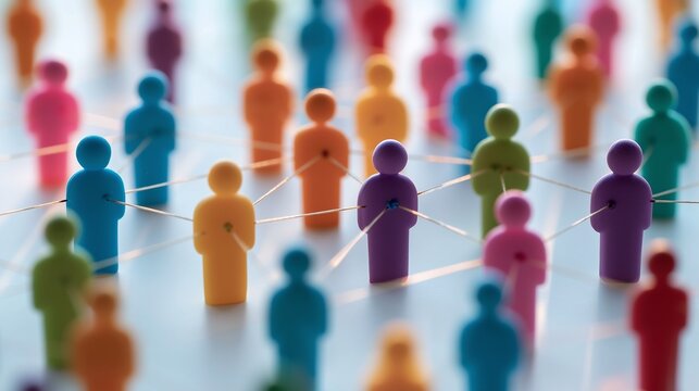 Colorful miniature people linked by lines in a social network concept