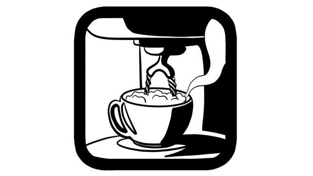 Animated espresso machine pouring hot coffee with steam into a cup, black and white vector line art icon