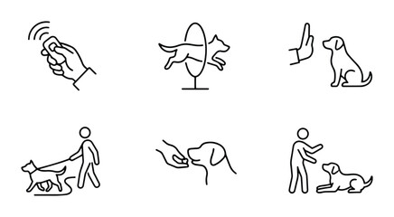 Fototapeta premium Dog Training Icons Set: Agility, Commands, Leash Walking, Treats, Remote Clicker