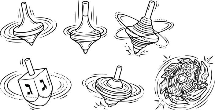 Spinning Top Icon Set Featuring Traditional Dreidel Wooden Whirligig and Modern Battle Top Toys in Hand Drawn Outline Line Art Vector Format