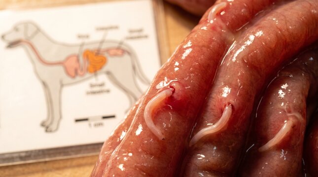 Close-up photo of canine intestinal parasite infection in a biological specimen