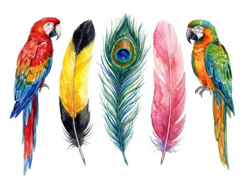 Hand drawn beautiful watercolor illustration of colorful bird feather boho nature isolated on background for creative graphic design