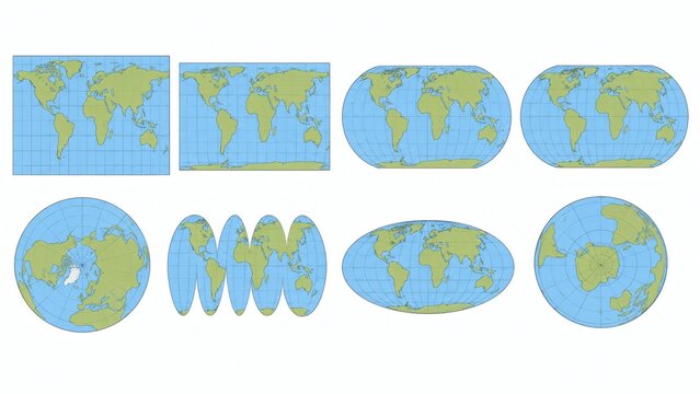 A collection of various world map projections on a white background