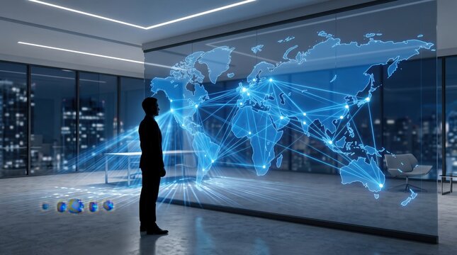 Silhouette of businessman standing in modern office looking at futuristic holographic world map with global network connections, representing international business, globalization