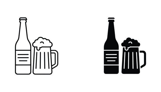 Beer bottle and mug vector icon isolated on white Black and white outline line art and solid glyph silhouette