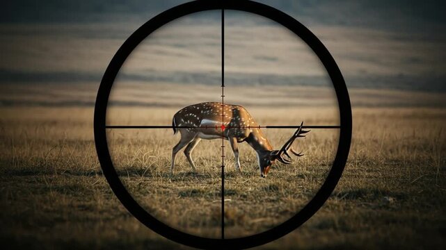 Deer in Crosshairs: Hunting Scope View of Wildlife in Field
