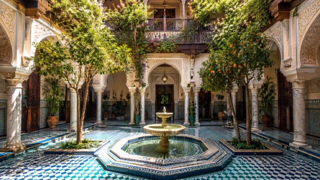 A serene courtyard with a fountain and trees in a traditional Moroccan riad