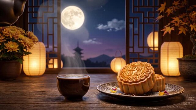 A graceful stream of tea and handcrafted mooncake create an elegant dynamic food composition inspired by Mid Autumn Festival traditions. Generated AI.