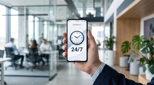 Businessman holding smartphone displaying twenty four seven service icon with clock symbol, representing continuous customer support availability and constant connectivity
