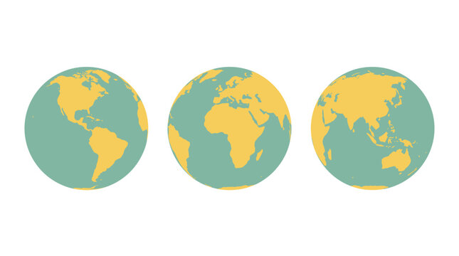 Three flat earth globe icons showing different continents in yellow and green colors