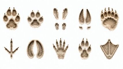 Obraz premium A collection of various animal footprints and paw prints on a white background