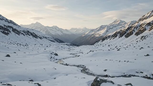 Snow covered mountain valley with dramatic peaks and winding river lan