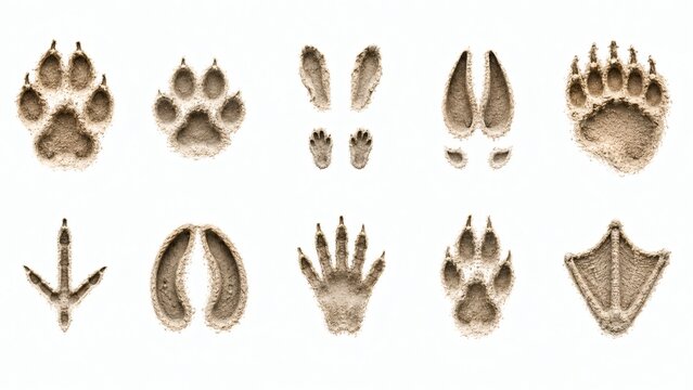 A collection of various animal footprints and paw prints on a white background
