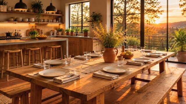 A beautifully set dining table in a modern kitchen with a stunning view of the sunset