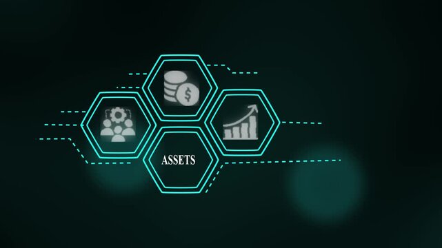 Assets Business Concept with Neon Connected Hexagon Icons for Financial Management, Investment, Banking, Capital Growth, Wealth, Profit and Revenue Planning.