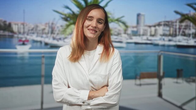 Woman doctor in white coat smiling with arms crossed on building balcony overlooking marina; confidence care wellness.