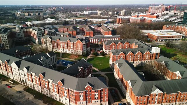 Aerial pullout revealing University of Kentucky residence halls