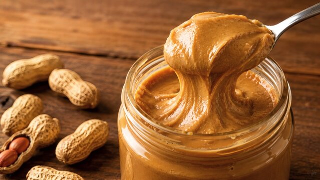 Spoon scooping creamy peanut butter from glass jar with peanuts