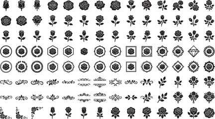 Fototapeta premium Collection of black rose icons and floral design elements for graphic design and decorative vector projects