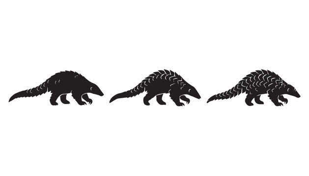black color silhouette set of three Pangolin vector illustration, solid white background