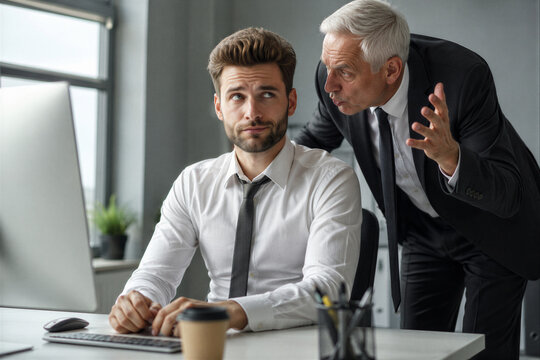 Annoyed young male employee rolling his eyes while his demanding boss is nagging and micromanaging him at the office desk, toxic workplace concept