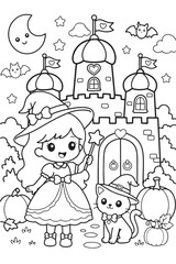 Fototapeta premium Cute Witch Girl in a Halloween Land Coloring Page for Kids