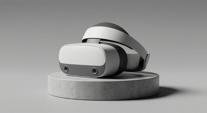 円形ステージの台座の上に置かれた最新のVRヘッドセットとミニマルなグレー背景の製品スタジオショット。仮想現実やメタバース、空間コンピューティングのテクノロジーコンセプト