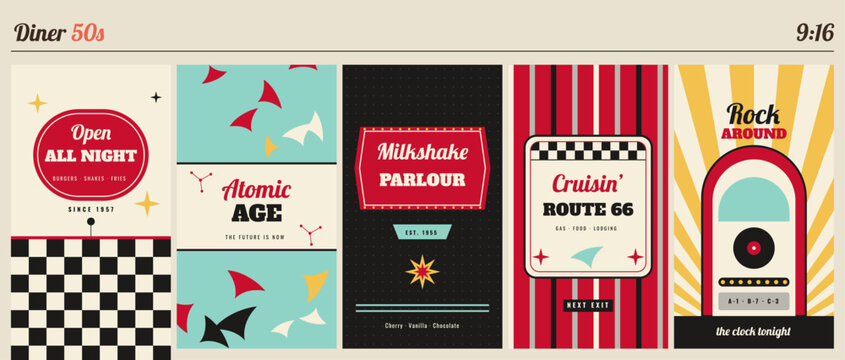 50s American diner vertical backgrounds set, 5 templates with checkerboard neon and jukebox