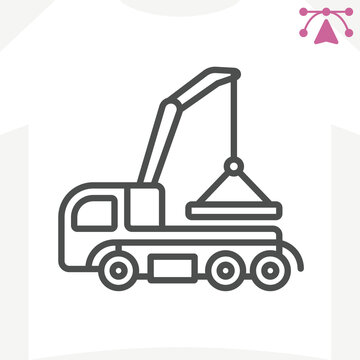 Crane truck line icon, heavy transport concept. Vector graphics. Carrying heavy loads, crane sign and editable stroke, outline style icon for mobile or web design.
