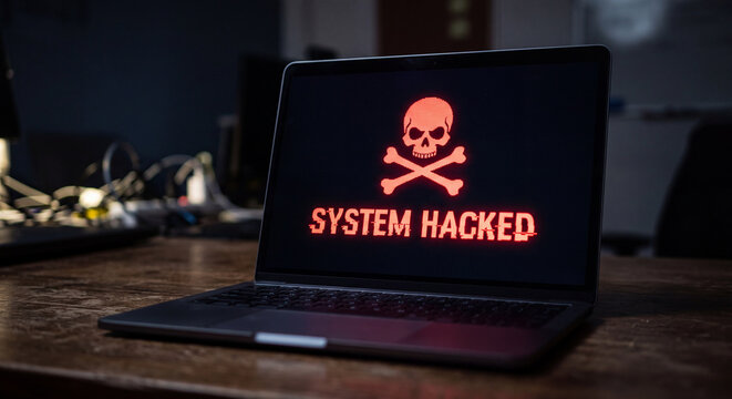 System Hacked Warning Message with Skull and Crossbones on Laptop Screen.