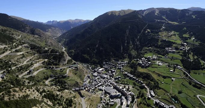 Panorama over the valley of Canillo from the Roc Del Quer Mirador. Principality of Andorra.