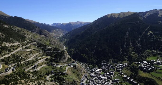 Panorama over the valley of Canillo from the Roc Del Quer Mirador. Principality of Andorra.