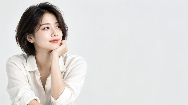 밝은 미니멀 스튜디오에서 젊은 한국 여성이 턱을 괴고 옆을 바라보며, 오른쪽에 넓은 여백을 둔 광고용 인물 이미지