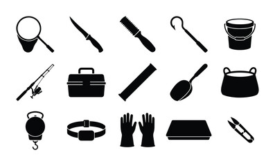 Fishing Gear Icons, Tackle Box & Tools Vector Set: Angler Equipment Collection © Prity
