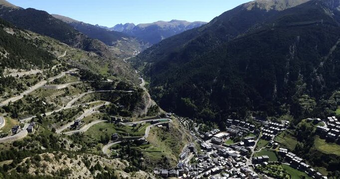 Panorama over the valley of Canillo from the Roc Del Quer Mirador. Principality of Andorra.