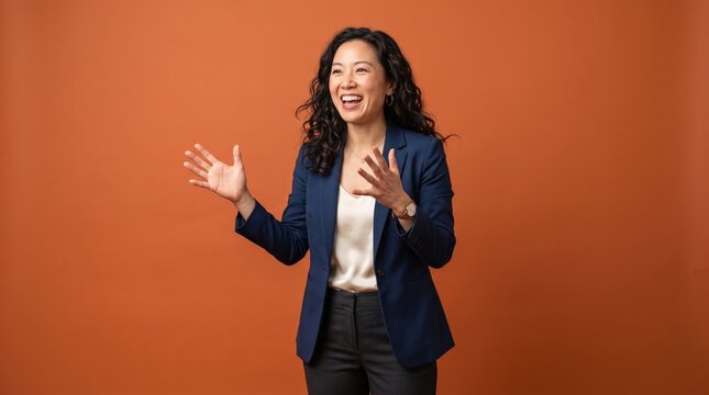 Happy Businesswoman with Curly Hair Expressing Joy in Professional Setting Against Orange Background